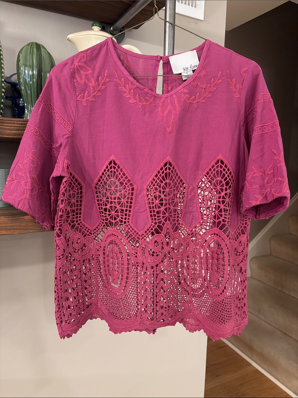 Anthropologie Chloe Oliver Pink Embroidered Crochet Lace Top S Modified Sleeve